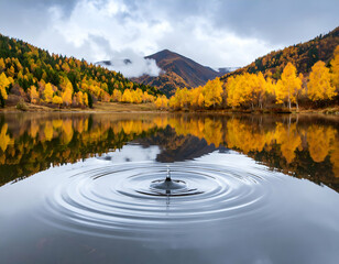Gentle Drop Creates Ripples on Calm Forest Lake in Autumn Landscape