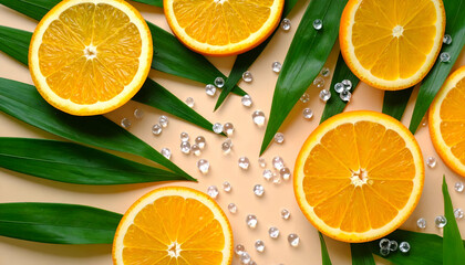 Fresh Citrus Slices with Soft Green Leaves and Glassy Beads