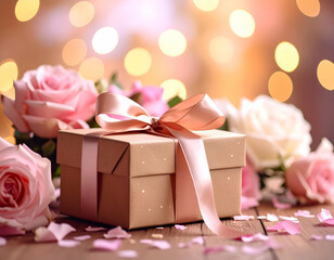 Elegant Gift Box with Ribbon Surrounded by Roses and Confetti