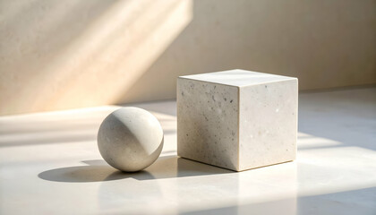 Smooth Sphere and Cube on Pale Stone Surface with Natural Lighting