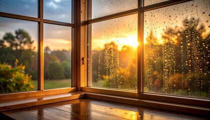 Warm Backlight Glow Through Glass with Water Droplets at Sunset