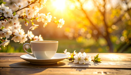 Serene Morning Cup with Blossoms and Warm Sunlight Shadows
