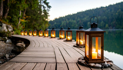 Cozy Amber Lanterns Line Curved Wooden Deck by Calm Waterside