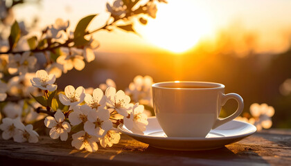 Serene Blossoms and Coffee Cup Against a Beautiful Sunset Glow