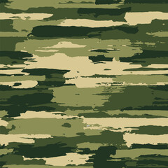 Grunge khaki green camouflage, modern fashion design. Camo made brush strokes hand draws pattern. Fashionable wallpaper or fabric print. Vector seamless texture