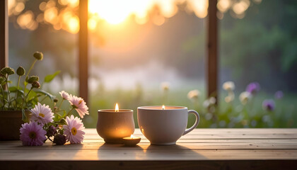 Serene Morning Light with Candles and Flowers in a Cozy Setting