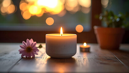 Candle Flame in Serene Setting with Blurred Sunset Background