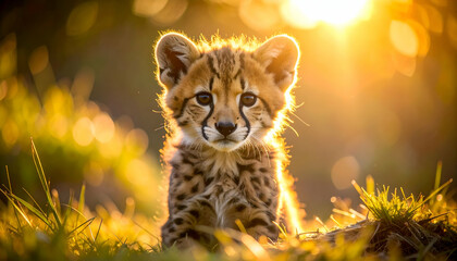 Young Cheetah Cub Portrait with Soft Background and Warm Light