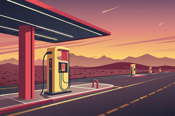 A sleek, futuristic charging station for electric vehicles stands solitary amidst a desolate, sun-baked desert highway under a vast, clear sky. © adobe1 stock