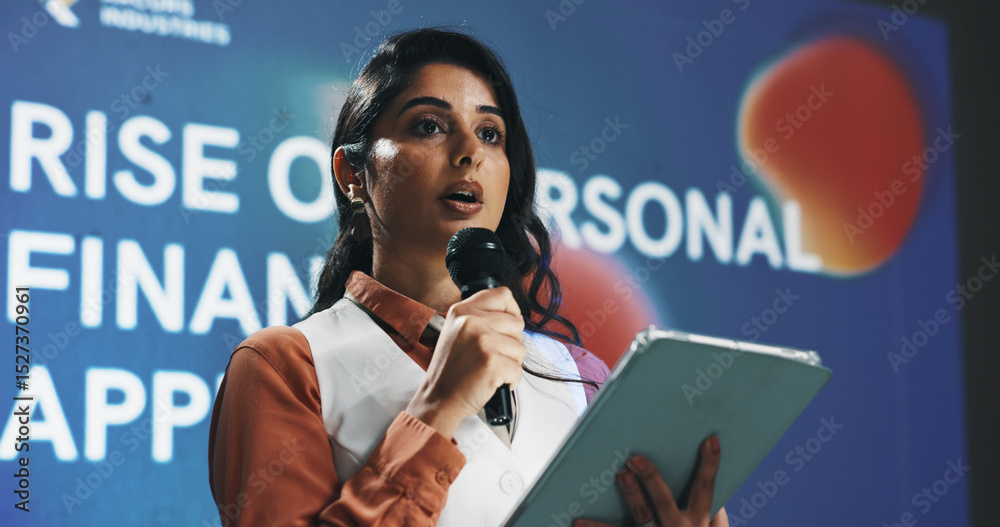 Poster presentation, speech and tablet with business woman at symposium for financial development. app, eve