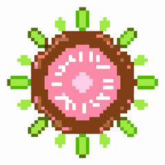 Obraz premium Pixel art virus icon, green and brown digital retro health symbol, microbiology illustration