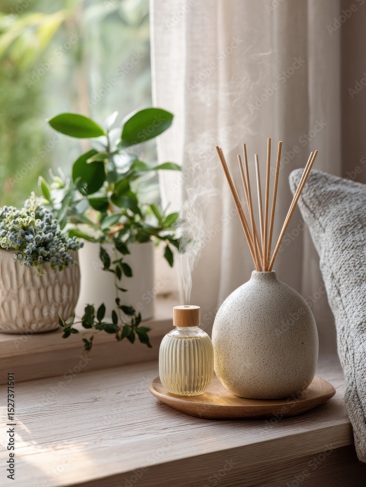 Poster Calming Indoor Space With Diffuser and Indoor Plants Creating a Serene Atmosphere