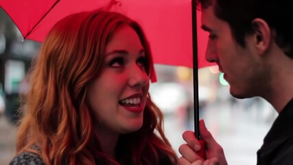 Romantic couple sharing an intimate moment under a red umbrella on a rainy day. - Powered by Adobe