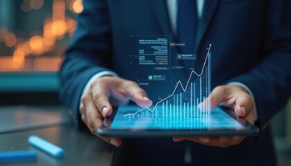 Investor using tablet analyzes financial data chart showing revenue growth. Investment strategy, high return mutual funds, increasing profits in market. Business finance, equity income, savings,