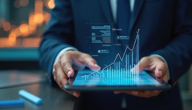 Investor using tablet analyzes financial data chart showing revenue growth. Investment strategy, high return mutual funds, increasing profits in market. Business finance, equity income, savings,