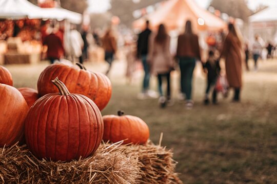 Bustling outdoor autumn festival seasonal market with hay bales and pumpkin
