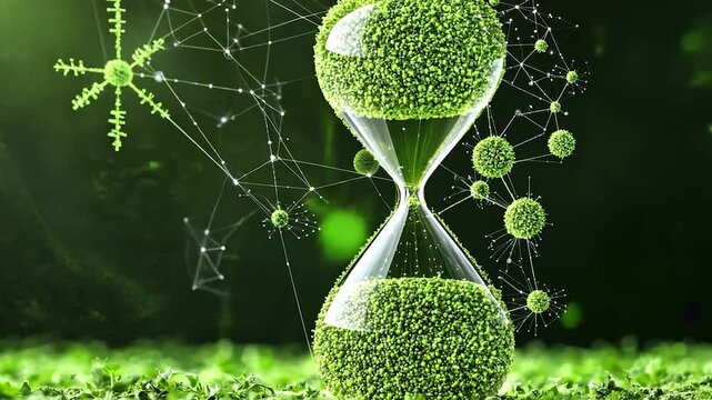 Time, Nature, and Sustainability: An hourglass filled with green life.