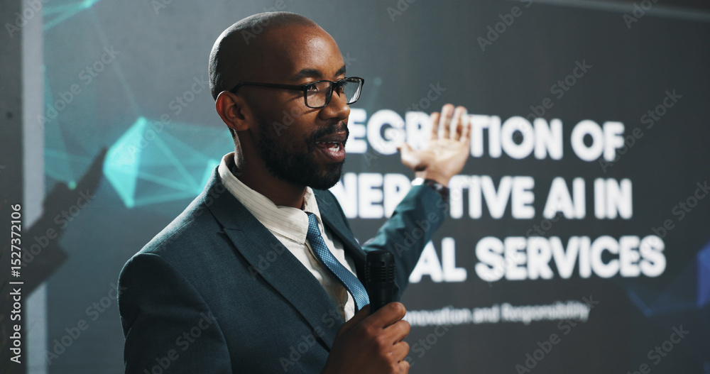 Aufkleber black man, presentation or seminar with mic or screen for speech or ai convention at workplace. busi