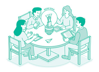 Creative team brainstorming at a round table. Four people discuss ideas with light bulb. Business innovation and teamwork concept. Isometric illustration.