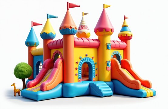 Fototapeta Colorful inflatable bouncy castle isolated white. Children playground outdoor toy with slides, towers. Fun activity for kids. Summer games. Amusement park joy, festive birthday.