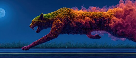 A vibrant, multicolored catlike creature, running at night