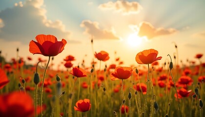 Field of Red Flowers Blooming at Sunset with Golden Light and Cloudy Sky