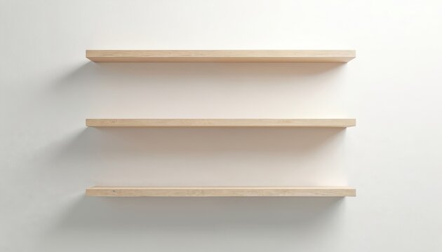 Blank wooden bookshelf on white wall. Empty shelves for book display. 3D rendering interior design element. Modern minimalist design. Space for books, decor or items.