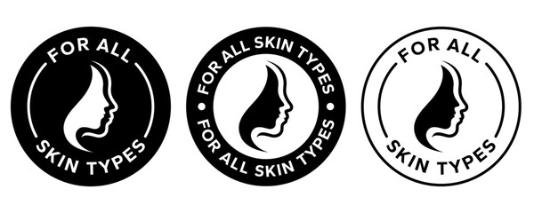 For all skin types label icon set. Face beauty women skin care packaging label for cream, toner, moisturizer, facial mask, lotion, logo, badge, symbol, black, line vector, isolated on white background