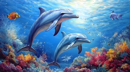 Fototapeta premium Vibrant Underwater Scene with Dolphins Swimming Among Coral Reefs
