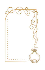 Narrow decorative vertical border with potion bottle and swirl vines vector vintage style line art