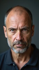 Obraz premium Portrait mature man, grey hair, bald head. Serious expression, close-up shot. Male face with beard, wrinkles, eyes, emotions. Concept image of age, aging, health, stress, anxiety. Mental health