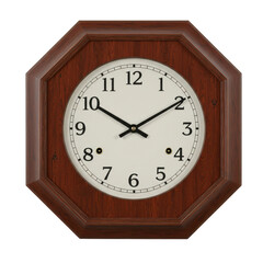 Classic wooden octagonal wall clock displaying time with a simple white face and black hands