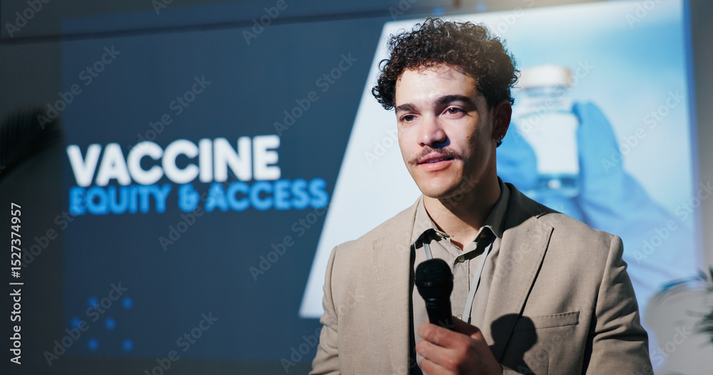 Aufkleber business, healthcare and speech with man in auditorium for presentation on access and equity. semina
