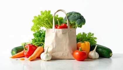 Organic vegetables in shopping bag on white background. Fresh harvest grocery bag, healthy food. Broccoli, bell peppers, garlic, tomato, carrots, zucchini, celery, ideal for nutrition, healthy