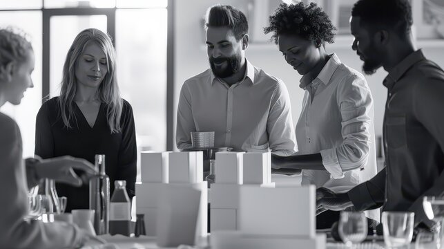 A Diverse Group Engaged in a Collaborative Workspace, Discussing Ideas and Solutions with a Focus on Innovation and Teamwork in a Bright Environment