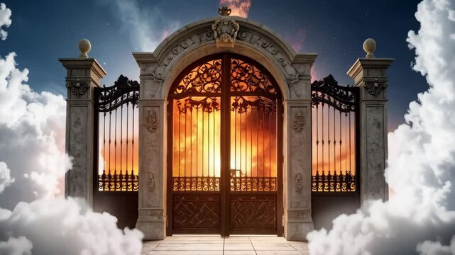 Ornate gate stands amidst fluffy clouds, revealing a heavenly sky at sunset, symbolizing faith, spirituality, and a transformative journey.