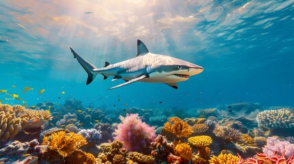 Fototapeta premium Majestic Shark Swimming Through Vibrant Coral Reef Landscape
