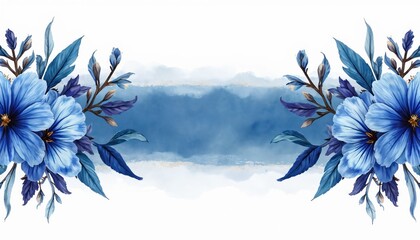 Seamless floral border features blue flowers, leaves on white background. Watercolor paint style. Creative design for wedding invitations, greeting cards, gift cards, prints, posters.