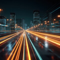 Obraz premium A digital city filled with glowing lanes and streaming traffic data, optimizing urban mobility.