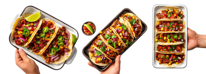 Hand holding Mexican tacos Pastor filled with fresh ingredients like meat, onions, and cilantro.