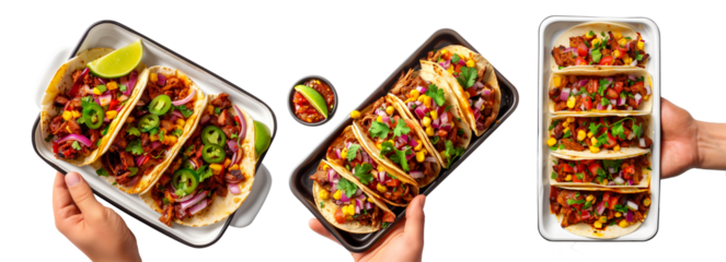 Hand holding Mexican tacos Pastor filled with fresh ingredients like meat, onions, and cilantro.