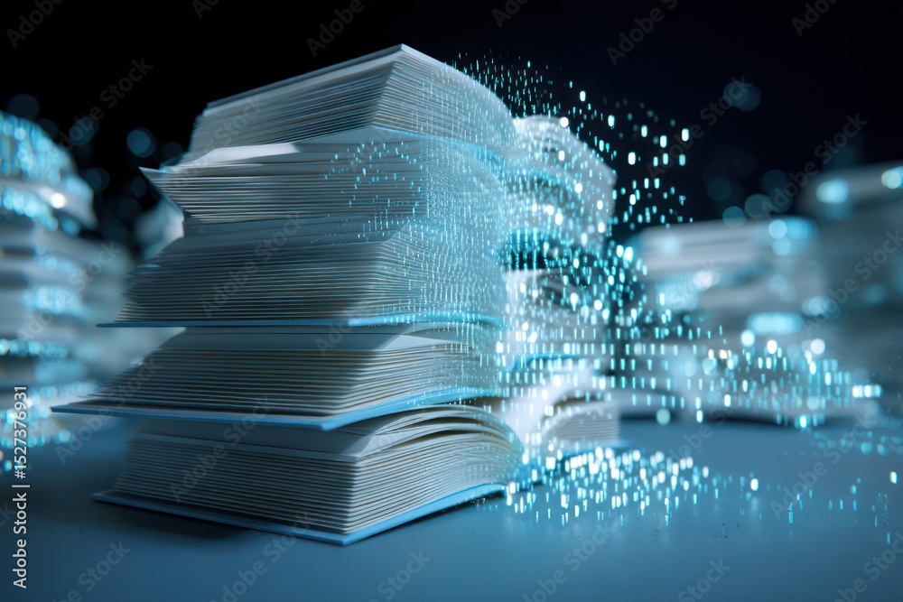 Poster concept of digital books turning into binary code, illustrating the shift to digital education.