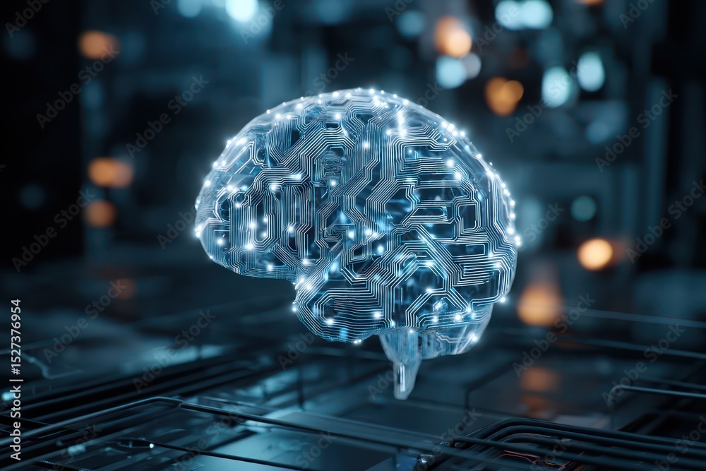 Poster High-tech digital rendering of an AI brain operating in a futuristic technological setting.