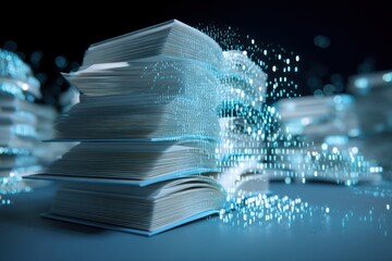 Concept of digital books turning into binary code, illustrating the shift to digital education.
