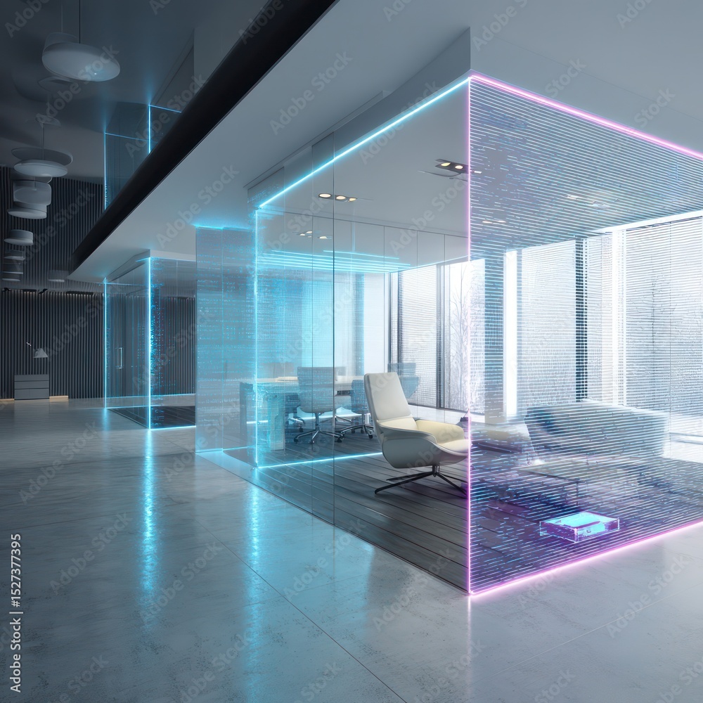 Poster futuristic data interfaces integrated into an office design, improving workflow and technological sy