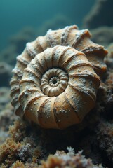 Ammonite shell on the seabed. Ancient mollusk
