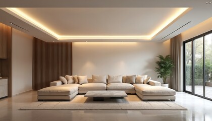 Modern minimalist living room. Suspended ceiling with LED lighting, stylish sofa. Interior design features sleek lines, ambient light, creating contemporary space. Home renovation, decor, lighting
