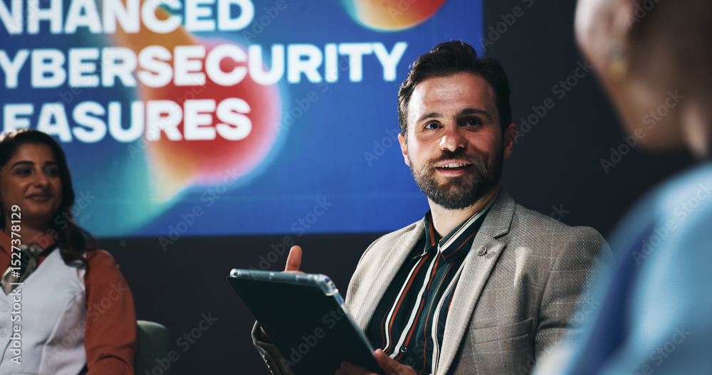 Poster tablet, seminar and business people on a stage for forum on enhanced cybersecurity measures. confere