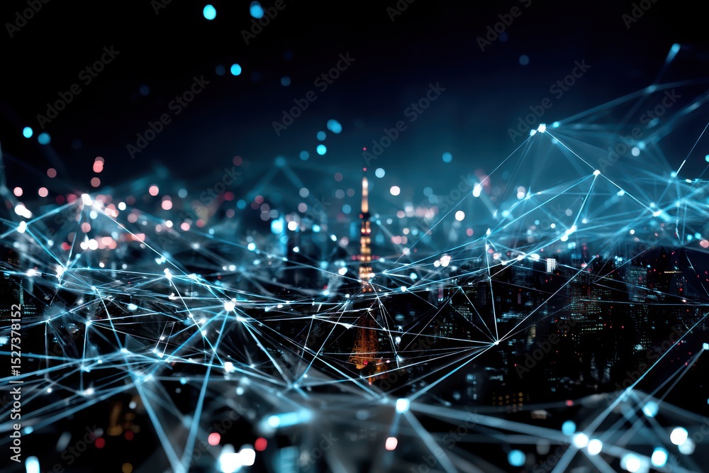 Poster Digital world formed from interconnected data networks that form dynamic geometric shapes.