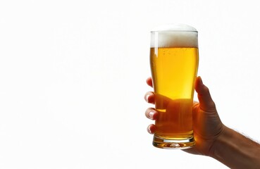 Hand holds glass of beer isolated on white backdrop. Refreshing cold drink, lager pint with foam. Celebration beverage, bar pub, brewery, alcohol drink. Toasting party concept with space for copy.